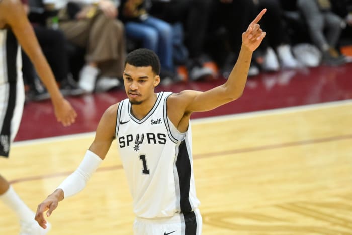 Jan 7, 2024; Cleveland, Ohio, USA; San Antonio Spurs center Victor Wembanyama (1) reacts in the fourth quarter against the Cleveland Cavaliers at Rocket Mortgage FieldHouse.